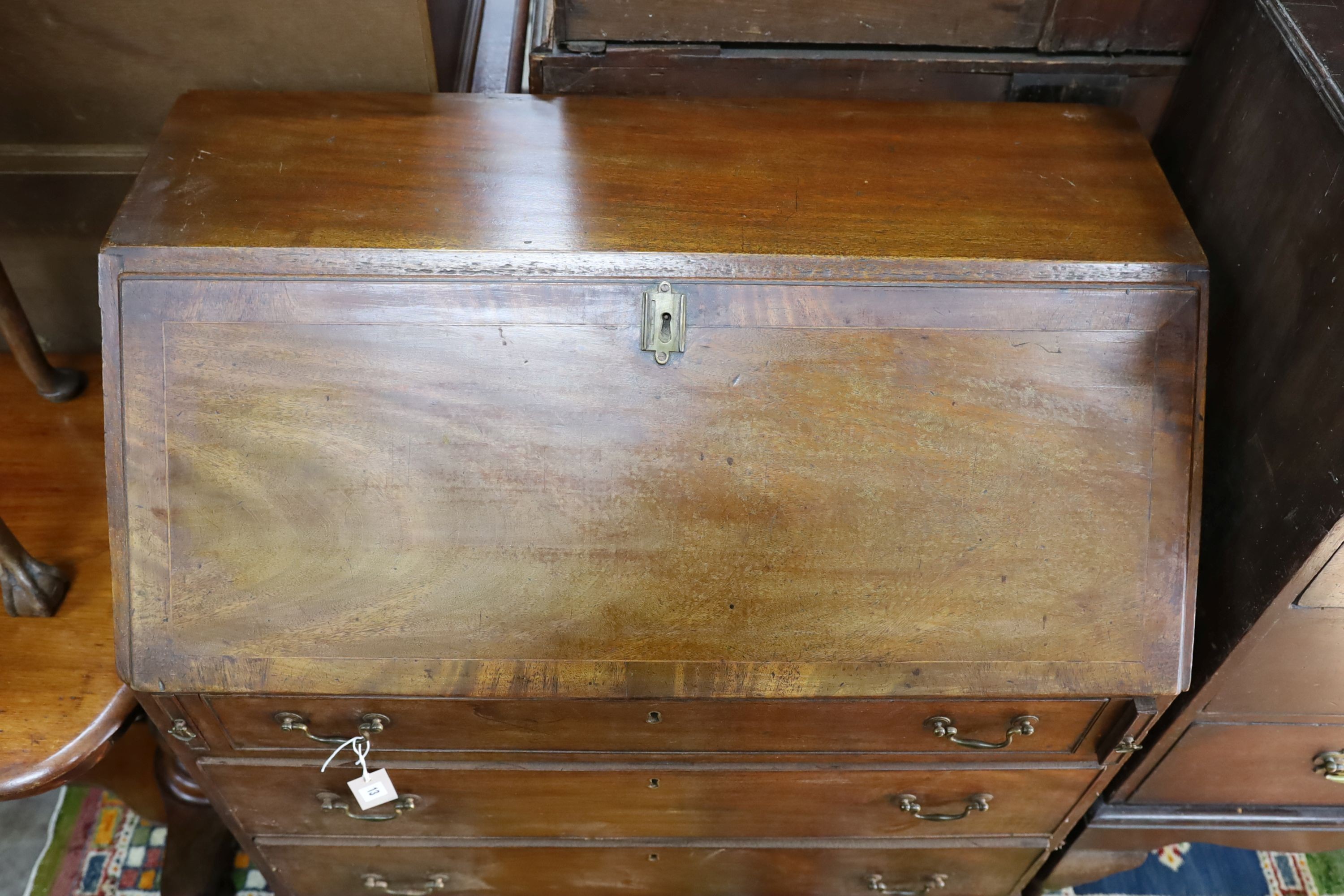 A George III banded mahogany bureau, width 92cm, depth 50cm, height 97cm